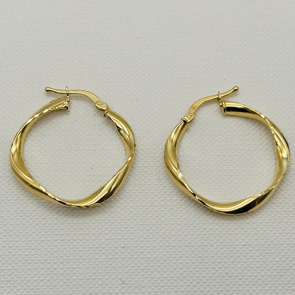 375 9ct Yellow Gold 3MM Twisted Hoop Earring | Half Twisted Clip On Earring | Round Fancy Hoop | 15mm-20mm-25mm-30mm | Brand New
