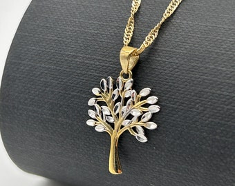 Real 9ct Yellow Gold Tree of Life Pendant Necklace | Women Crystal Family Tree Pendant Necklace | 18" - 20" Singapore Chain | Brand New