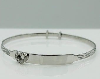 925 Sterling Silver Heart Kids Identity Bangle | Personalised Silver Baby Round ID Bangle |  Adjustabel Free Engraving | Gift for Girl