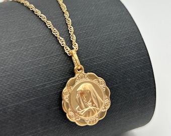Echte 9 Karat Gelbgold Madonna Anhänger Halskette | Jungfrau Maria Frauen Halskette | 18 "- 20" Singapur Kette | Brandneu