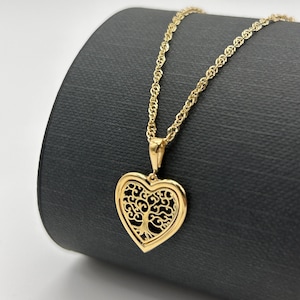Genuine 9ct Yellow Gold Heart Pendant Necklace | Women Tree of Life Heart Necklace | Family Tree Heart with Chain | 18&quot; Singapore Chain