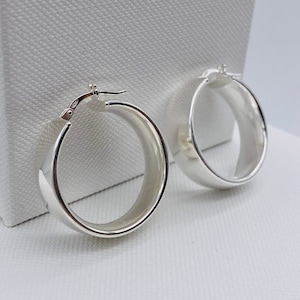 925 Sterling Silver Ladies Plain Round Wider Hoop Earring | Round Silver Flat Hoop Earrings, 15mm-50mm, All Sizes Available