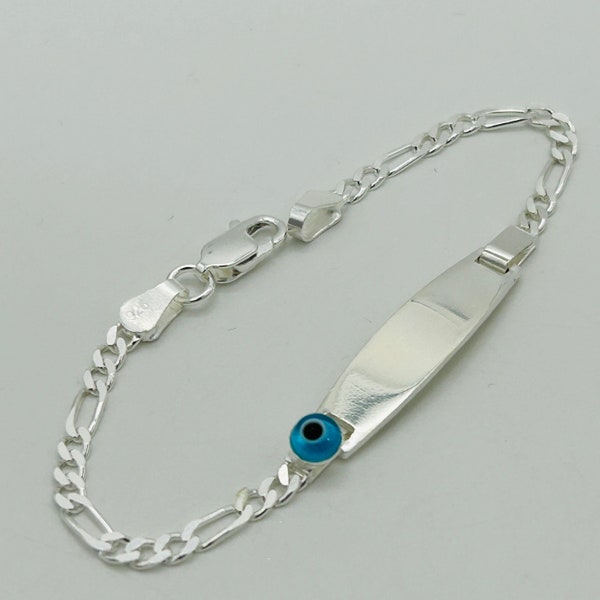 925 Sterling Silver Blue Evil Eye Id Bracelet | Babies Figaro Id Bracelet | Personalised ID Bracelet | 5.5 Inch | Free Engraving