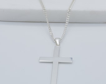 925 Sterling Silver Plain Cross Pendant | Large Cross with Chain | Men&Women Cross Necklace | 20 Inch Chain | 20mmx40mm Brand New Gift