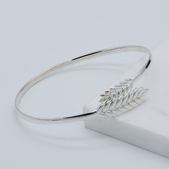 UK 925 Sterling Silver Double Leaf Cuff Bangle Barley Leaf Ladies