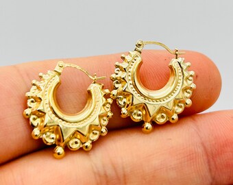 9ct Gold Spiked Victorian Style Creole Hoop Earrings For Women - Large Statement Hoops