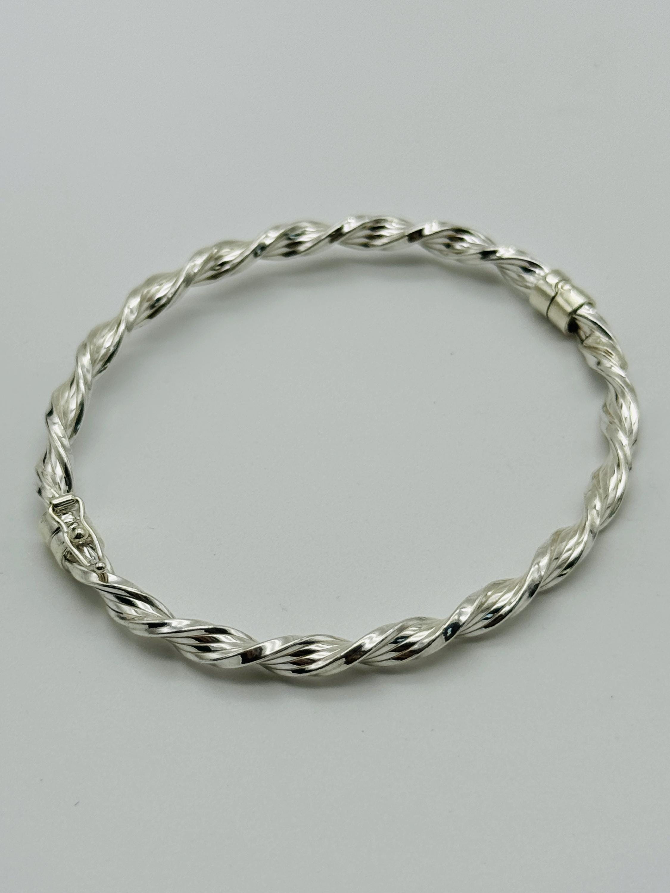 925 Solid Sterling Silver Twisted Women Bangle | 4.5mm Oval Hinged