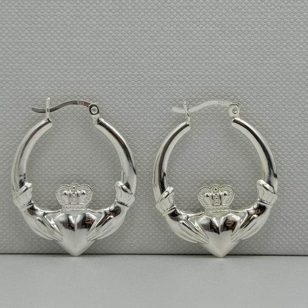 925 Sterling Silver 25mm Claddagh Hoop Earring | Irish Small Creole Earrings | Vermeil Claddagh Earring | Brand New