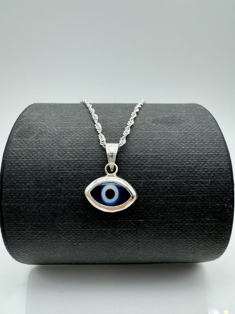 Puede incluir: Un collar plateado con un colgante en forma de ojo. El colgante tiene un dise&ntilde;o de ojo azul y blanco, engastado en un marco plateado. La cadena del collar es de estilo cuerda retorcida delicada, y el colgante est&aacute; suspendido de una peque&ntilde;a argolla.