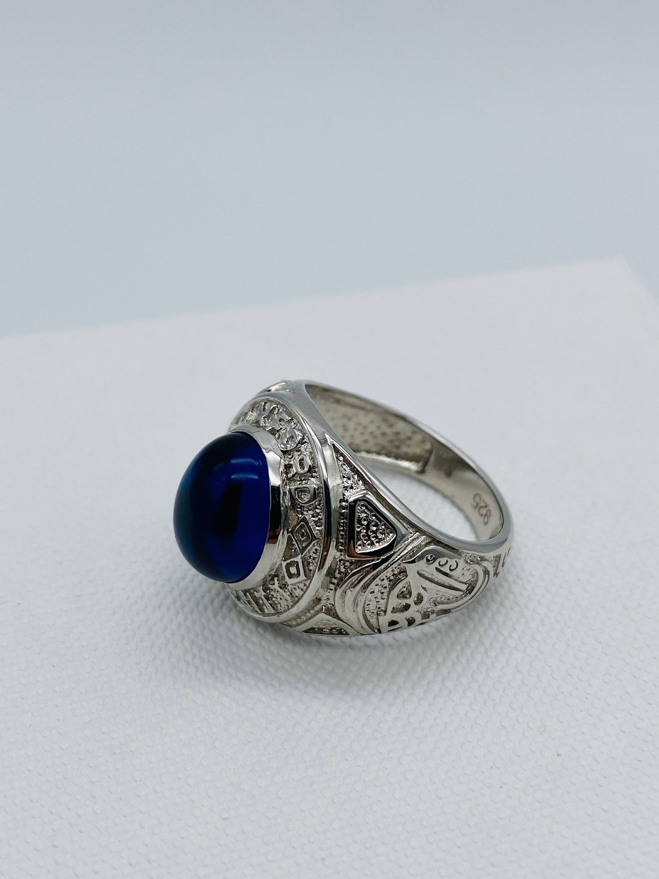 925 Sterling Silver Oxford College Ring | Men Blue Stone Chunky