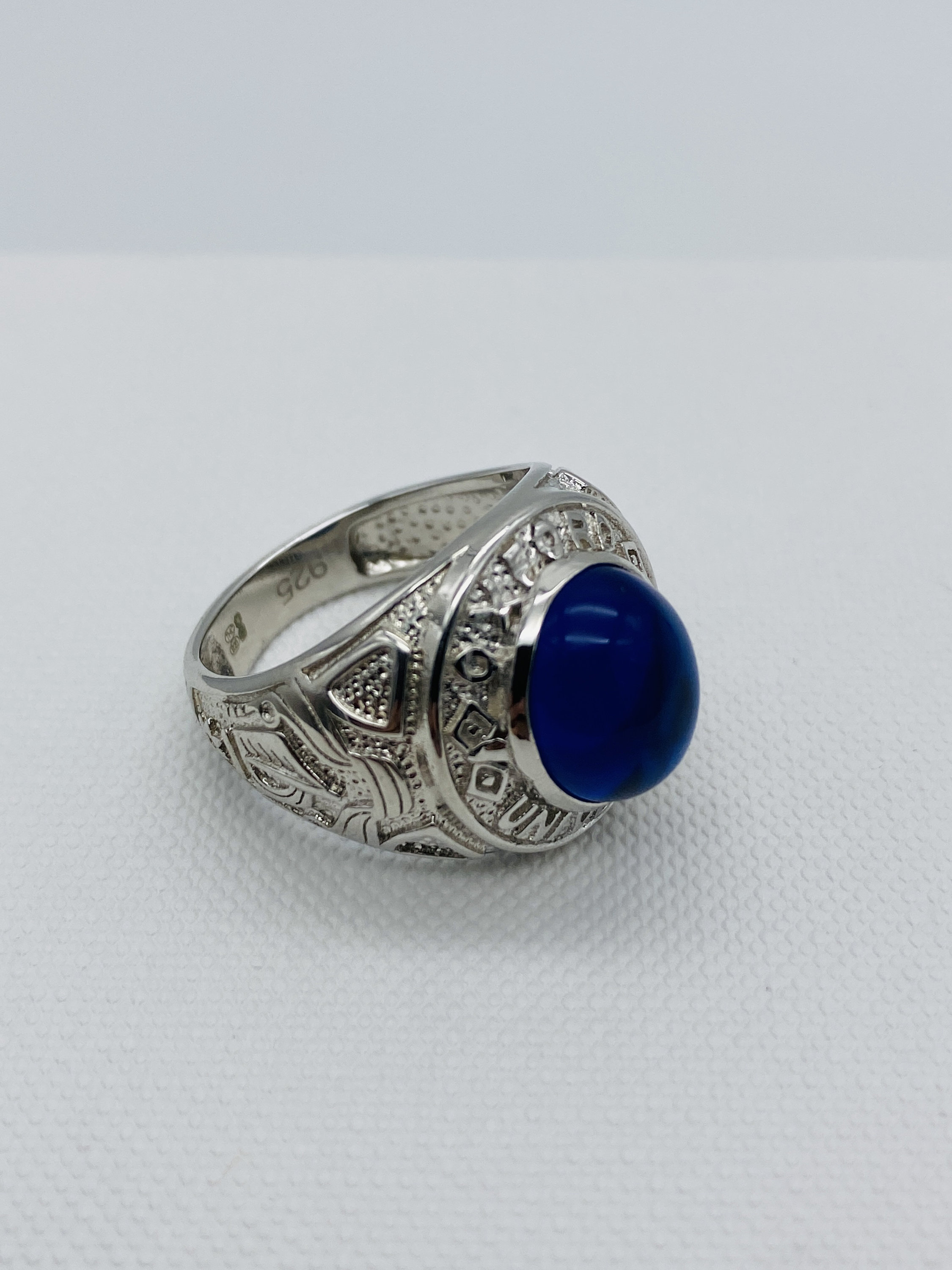 925 Sterling Silver Oxford College Ring | Men Blue Stone Chunky