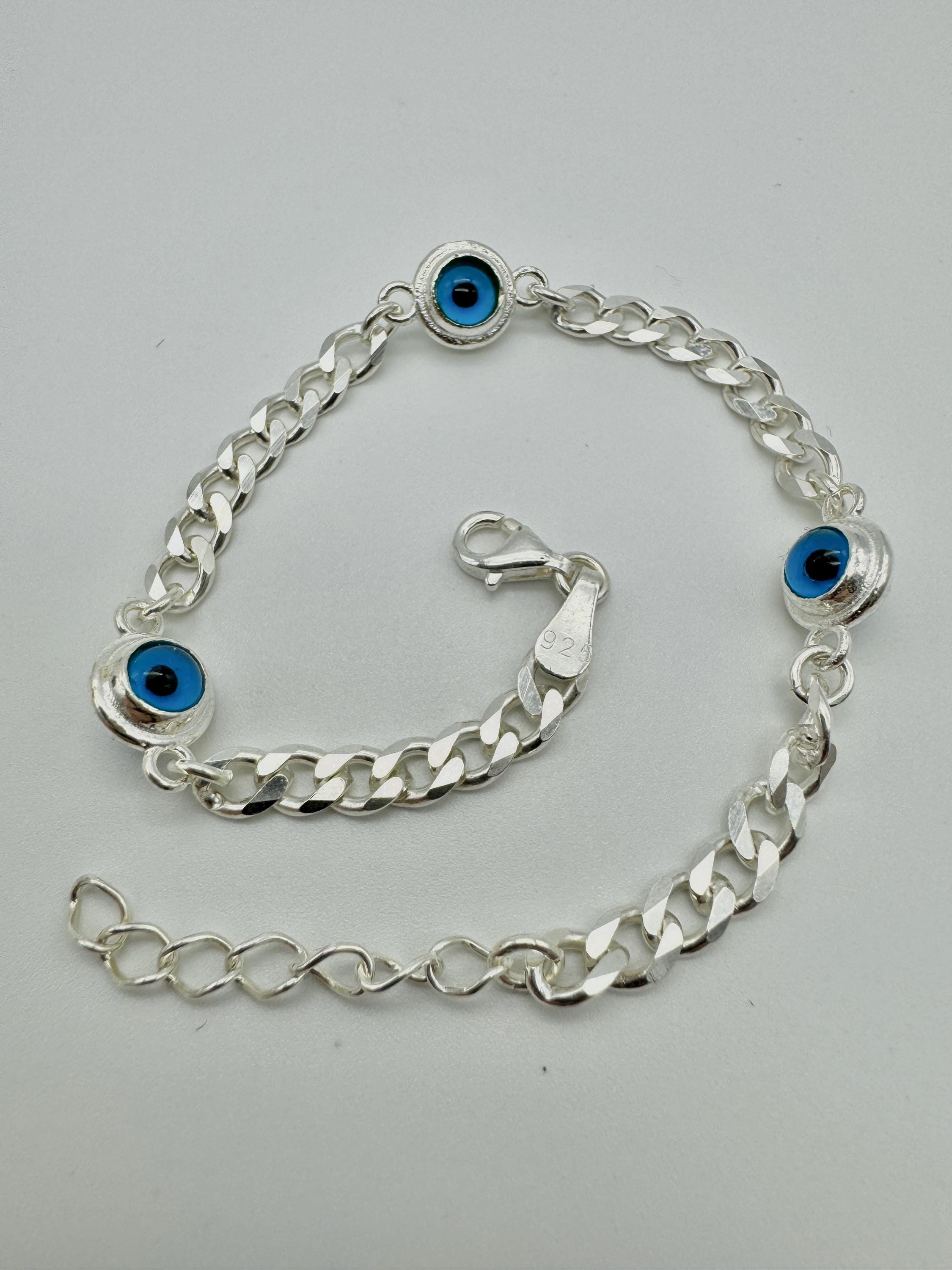 925 Sterling Silver Evil Eye Curb Bracelet | Womens Curb Chain Evil Eye Bracelet | 8 Inch Adjustable | Brand New