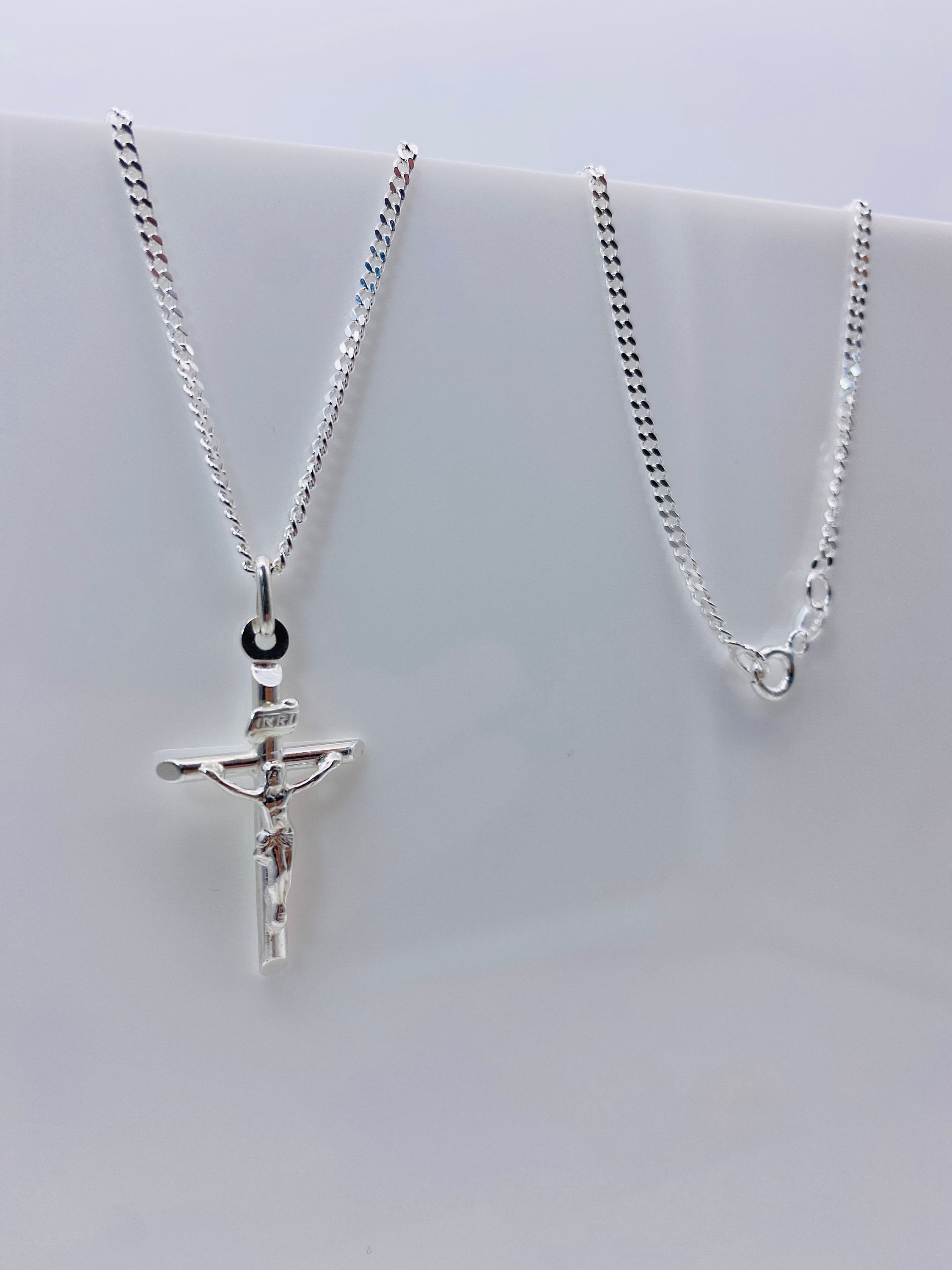 925 Sterling Silver Crucifix Pendant Necklace | Small-large Tubed