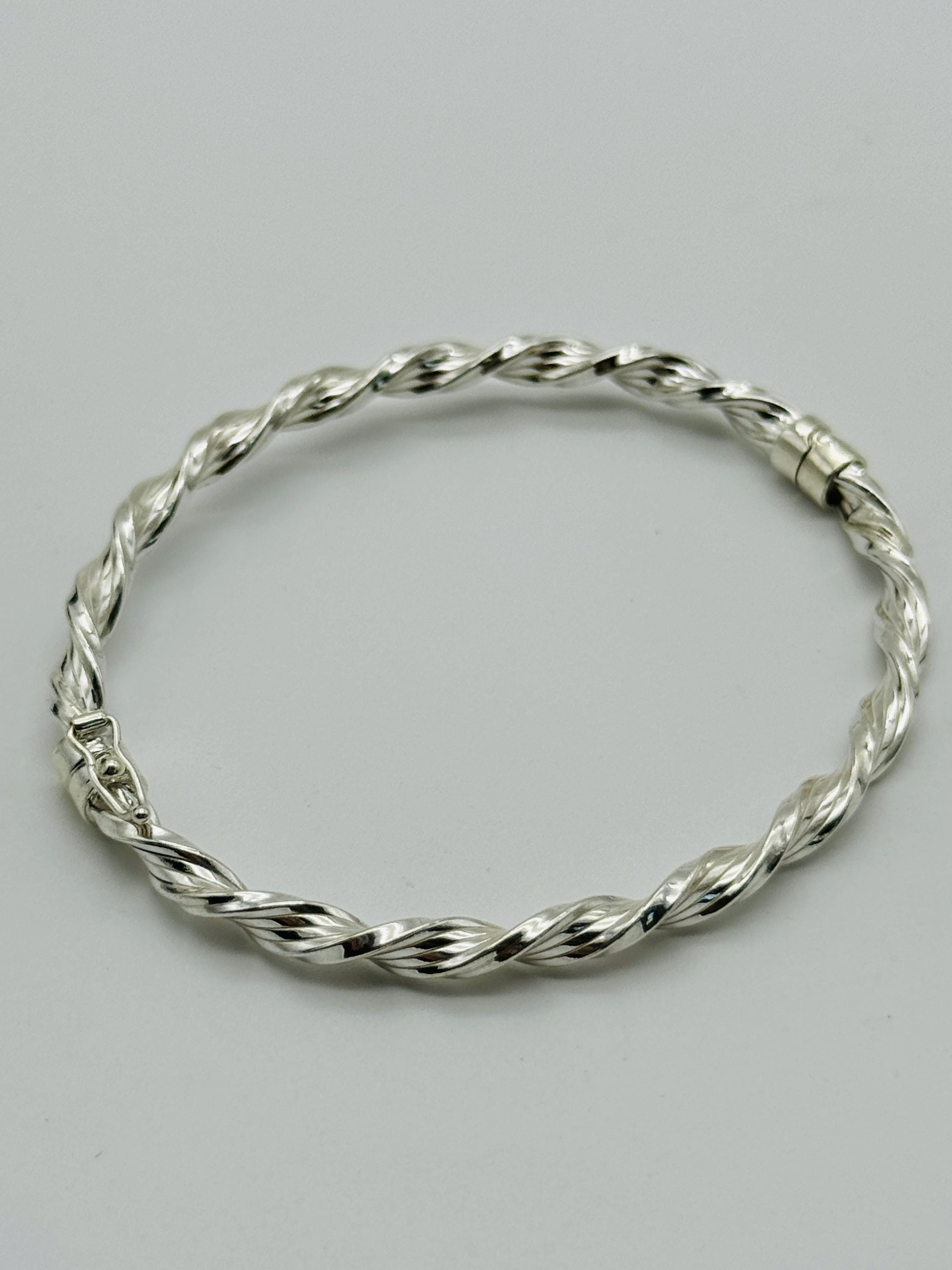 925 Solid Sterling Silver Twisted Women Bangle | 4.5mm Oval Hinged