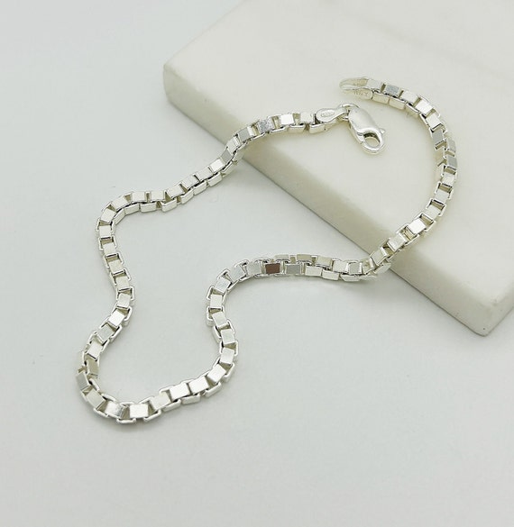 Solid 925 Sterling Silver 3mm Box Chain Bracelet | Men Square Box