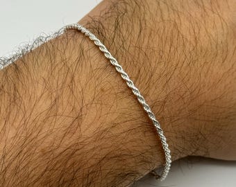 Pulsera de plata de ley 925 auténtica, 2 mm, estilo cuerda / Pulsera de cadena de eslabones trenzados / Ajustable de 8 pulgadas / Completamente nueva