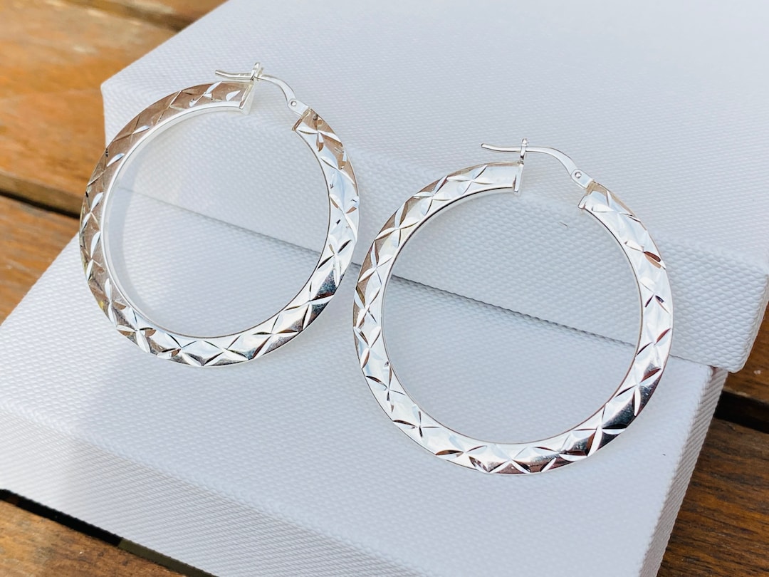 Women's Stamped Sterling Silver Hoop Earrings - Elegant Round Pierced Earrings, Silver Tone