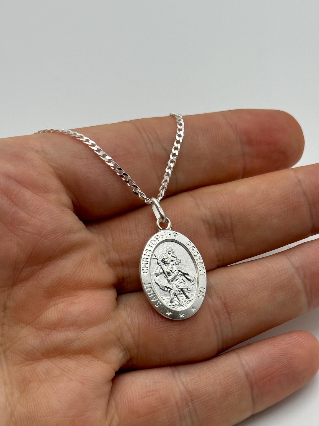 Genuine 925 Sterling Silver 16mm Saint Christopher Necklace | Oval ...