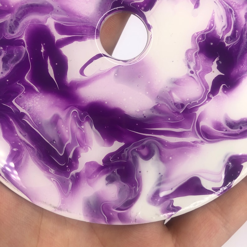 handmade decor Upcycled cd resin fluid art white and purple acrylic pour sustainable art