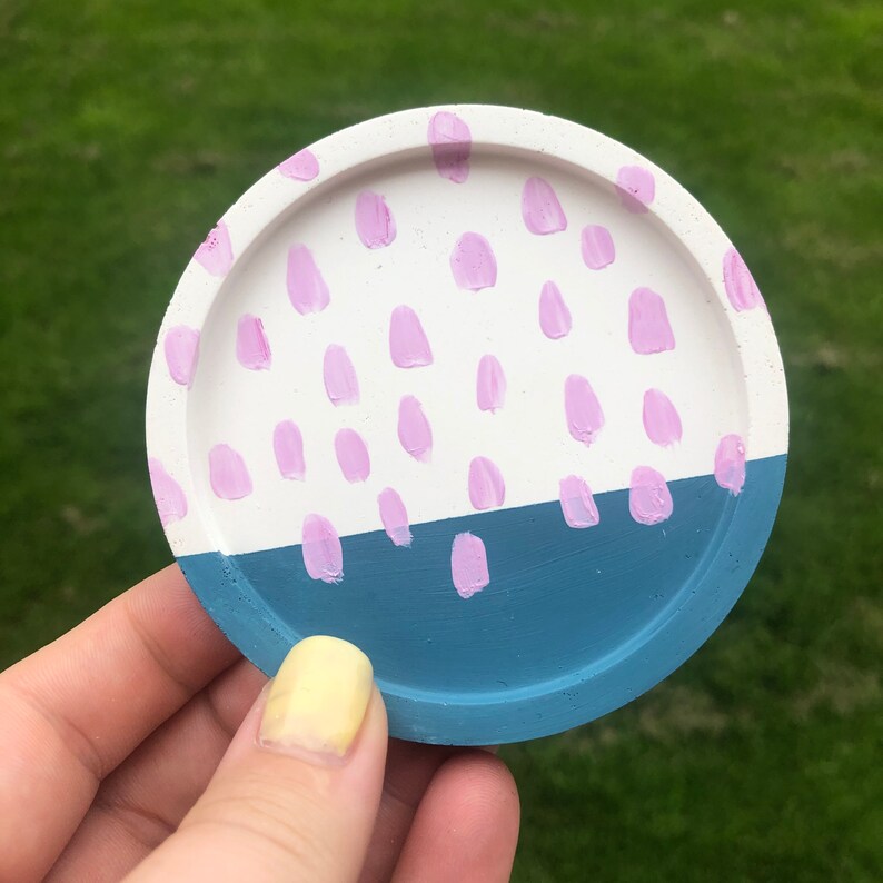 muted teal jewellery storage 8cm plaster coaster trinket dish fine casting plaster plaster of paris and pink