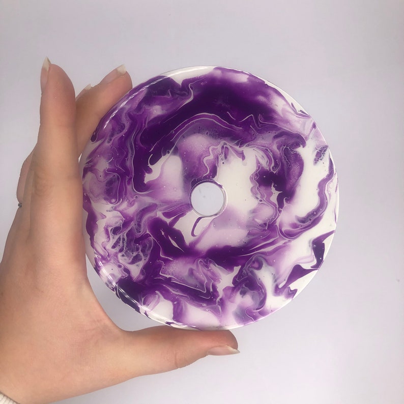 handmade decor Upcycled cd resin fluid art white and purple acrylic pour sustainable art