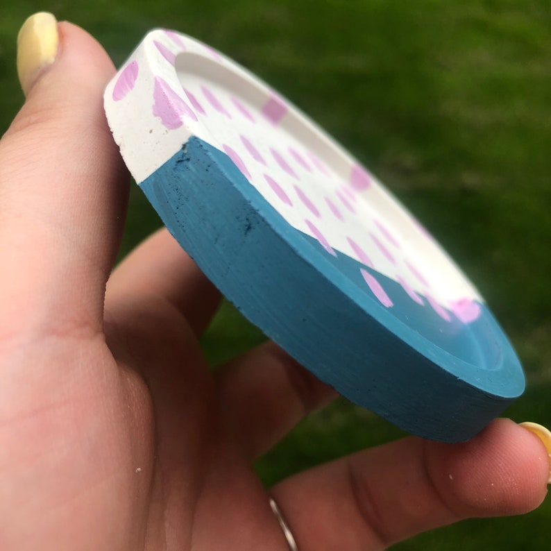 muted teal jewellery storage 8cm plaster coaster trinket dish fine casting plaster plaster of paris and pink