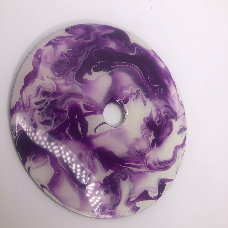 handmade decor Upcycled cd resin fluid art white and purple acrylic pour sustainable art