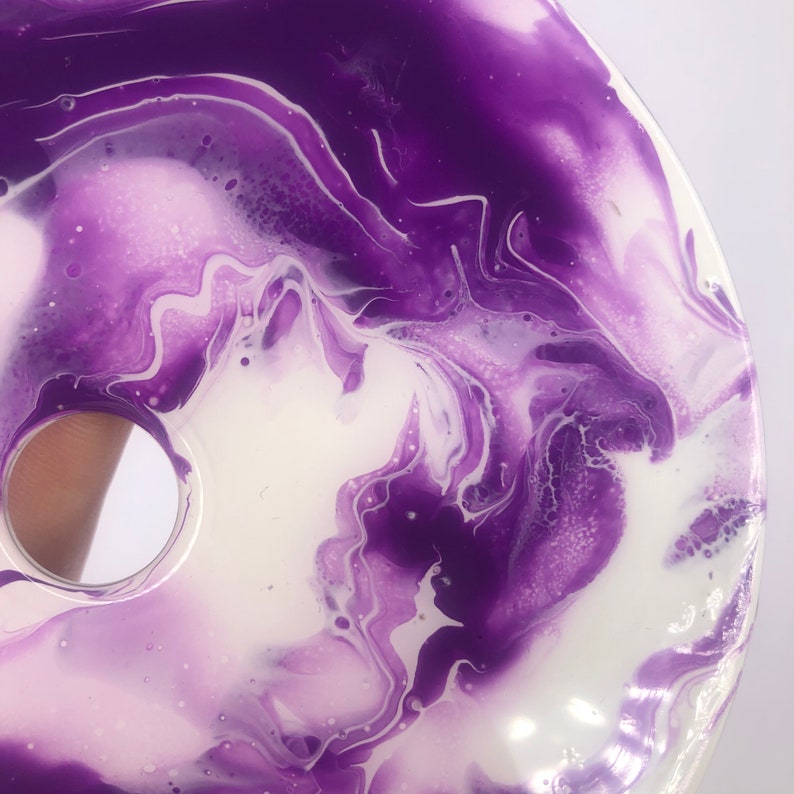 handmade decor Upcycled cd resin fluid art white and purple acrylic pour sustainable art