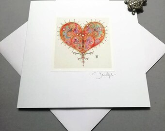 HANDMADE CARD - Heart. Handmade. Sparkle. Blank. 14x14cm. 290gms. Envelope.