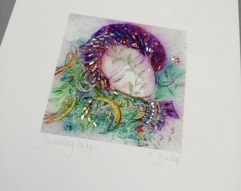 Dreaming Lady. A4 Fine art print. Gold leaf. Archival paper. Signed. Unframed. Fantasy, myth, fairy art. Goddess, Giclee.