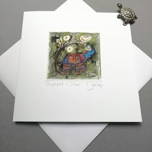 HANDGEFERTIGTE KARTE – „Elefant und Sterne“. Von einem Originalgemälde. Vom Künstler angefertigt und signiert. 14x14cm, inklusive Umschlag.