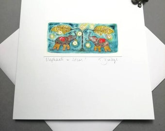 HANDMADE CARD - Elephants and Stars. 14X14cm. Sparkle. Includes envelope.