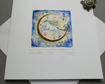 HANDMADE CARD - Unicorn and Moon. Magical card handmade to order by the artist. 14x14cm, includes envelope.