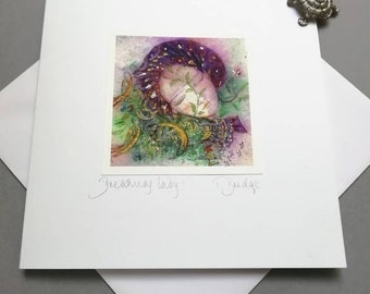 HANDMADE CARD - Dreaming Lady. Magical handmade card by the artist. 14x14cm, includes envelope.