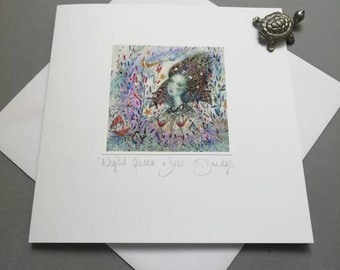 HANDMADE CARD - 'Night Queen and Boat'. From an original painting. Made & signed by the artist. 14x14cm, includes envelope.