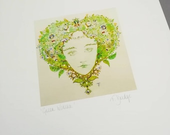 Green Woman. A4 Fine art print. Gold leaf. Archival paper. Signed. Unframed. Fantasy, myth, fairy art. Goddess, Giclee.