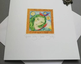 HANDMADE CARD - 'Green Lady and Birds'. From an original painting. Made & signed by the artist. 14x14cm, includes envelope.