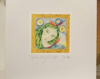 HANDMADE CARD - 'Green Lady at Night'. From an original painting. Made & signed by the artist. 14x14cm, includes envelope.