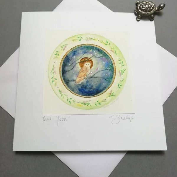 HANDMADE CARD - Owl Moon. Lovely handmade card. Made to order, 14x14cm, includes envelope. Spring.