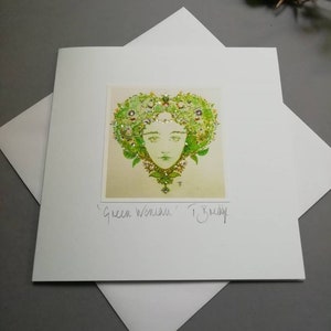 HANDMADE CARD - Green Woman. Handmade to order. 14x14cm. Sparkle. Includes envelope.