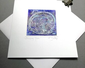 HANDMADE CARD - Sleeping Moon. From my original painting. Handmade to order, 14x14cm, includes envelope.