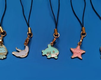Colourful Cute Sealife / Ocean Shark Jellyfish Starfish Stingray Seahorse phone charms with gold lobster clasp