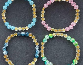 4 x Handmade Bracelets Cracked Crackle beads star moon heart Elastic