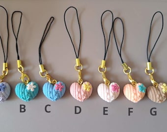 Handmade Knit pattern effect Heart Phone Charm: Pastel Flower Bag Charm