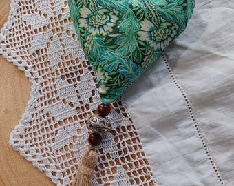 William Morris 'Anemone' fabric boho beaded tassel hanging heart decoration
