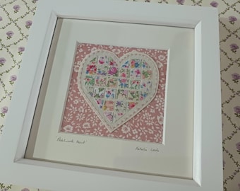 Pink Patchwork Heart Textile Art Framed Picture