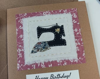 Antique Sewing Machine Hand Stitched Fabric Birthday Card