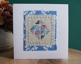 Patchwork handmade fabric card in blues for birthday thank you thinking of you