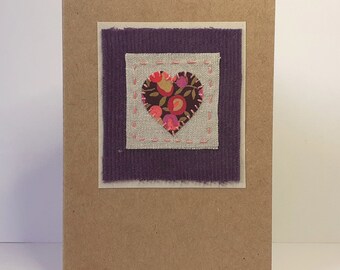 Liberty Heart hand stitched Fabric Card made with reclaimed fabrics