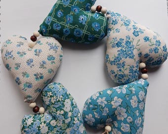 Liberty Fabric Hanging Hearts string garland Blue-Green